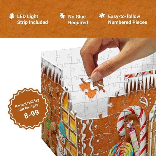 Vista 3 de Ravensburger - Casa de pan de jengibre 3D con luces - Rompecabezas de 216 piezas - Casa tradicional de pan de jengibre con base resistente e