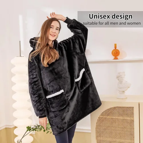 Vista 5 de Aisbo Manta con capucha para mujer, acogedora manta de forro polar Sherpa con capucha para adultos, mujeres y hombres, manta cálida y mullida