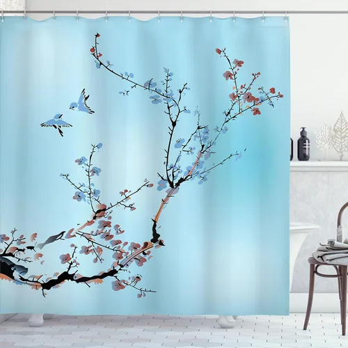 Vista 14 de Ambesonne Cortina de ducha con diseño de ciervo, silueta de animales del bosque brumoso en la naturaleza, diseño de dibujos animados, decoración