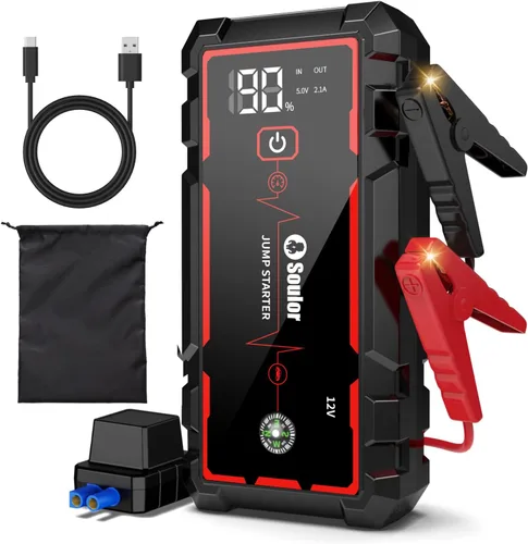 Vista 11 de Arrancador de Batería, Arrancador de Batería Portátil, Arrancador de Batería de Coche con 3 Modos de Linterna, Brújula, Banco de Energía y Cable