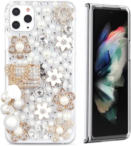 Vista 19 de Sparkle - Funda para teléfono compatible con Samsung Galaxy Z Fold 3 5G, elegante, hecha a mano en 3D, con diamantes de imitación, diseño