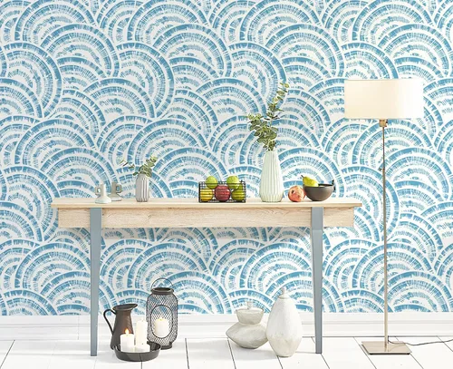 Vista 7 de Toduso Papel tapiz geométrico de 17.3 x 196.8 pulgadas, papel tapiz para despegar y pegar, papel de pared de círculo azul blanco y azul, papel