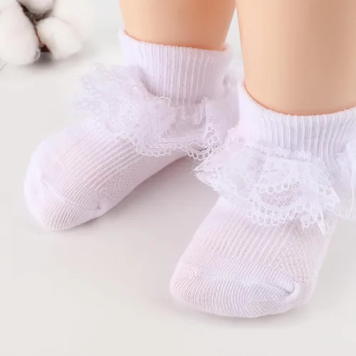 Vista 6 de AQOKKA Paquete de 4 calcetines de encaje con ojales y volantes, calcetines de encaje para recién nacidos, niños pequeños, con volantes de verano