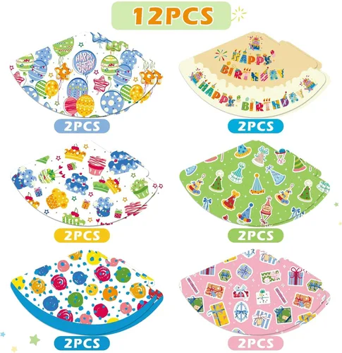 Vista 3 de WERNNSAI 12 Pcs Birthday Party Hats Assorted Themes Cone Paper Headbands Multiple Styles, Easy to Assemble with Elastic Strings, Kids Birthday