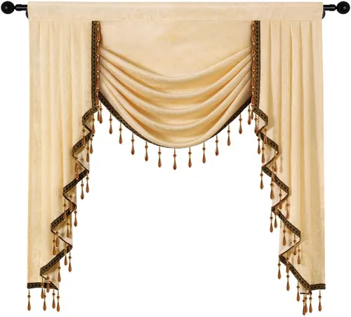 Vista 7 de ELKCA Cenefa de Cascada Jacquard con Cuentas de Lujo Beige Cenefas de Cortinas de Ventana para Sala de Estar, Bolsillo para Varilla, 1 Panel