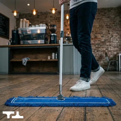 Vista 2 de Trapeador de polvo comercial azul de 24 pulgadas y barredora de piso con mango extensible, mopa para limpieza de suelos de madera, azulejos