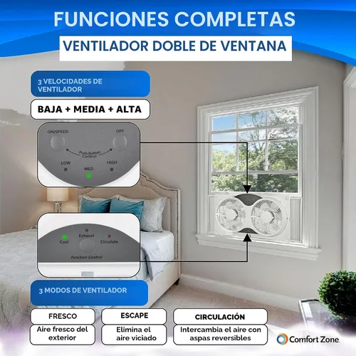 Vista 3 de COMFORT ZONE - Ventilador inteligente WiFi de 9 pulgadas para ventana doble, ventilador de doble hoja de 3 velocidades con aplicación y control