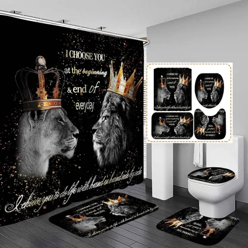 Vista 12 de Juego de 4 cortinas de ducha de rey león negro, citas inspiradoras, palabras motivacionales positivas y educativas, decoración de baño de animales