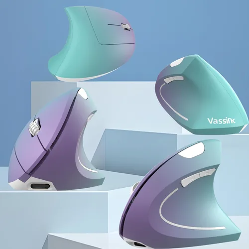 Vista 2 de Vassink Ratón ergonómico inalámbrico recargable, conexión USB A+Type C (2en1), 800/1200/1600 DPI, 6 botones, 2.4GHz, ratón vertical para túnel