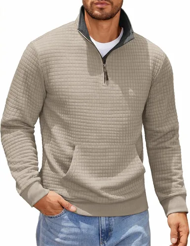 Vista 16 de COOFANDY - Sudadera con capucha para hombre, manga larga, con cremallera de un cuarto, estilo sarga casual, con bolsillo Verde militar