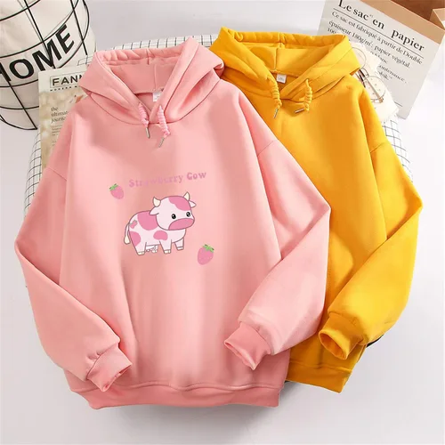 Vista 4 de Sudaderas con capucha para mujer con estampado de vaca de fresa casual mullidas