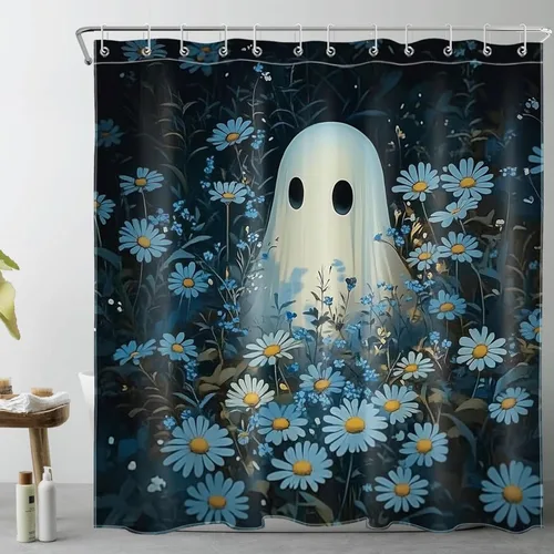 Vista 44 de HVEST Cortina de ducha con ganchos, calabaza espeluznante y fantasma con sombrero de bruja negro, juego de cortina de ducha naranja con flores