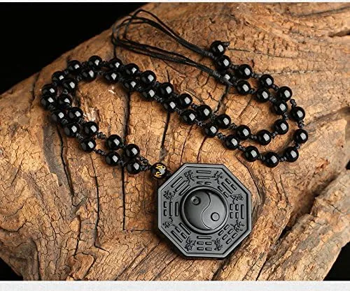 Vista 4 de Kitch Aroma Natural Tai Chi Grabado Negro Piedras de Obsidiana Colgante Collar con Extend Bead Chain
