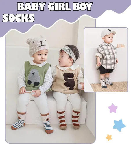 Vista 2 de Yebing Calcetines para bebés y niños pequeños, calcetines antideslizantes con agarres, calcetines de algodón para regalos