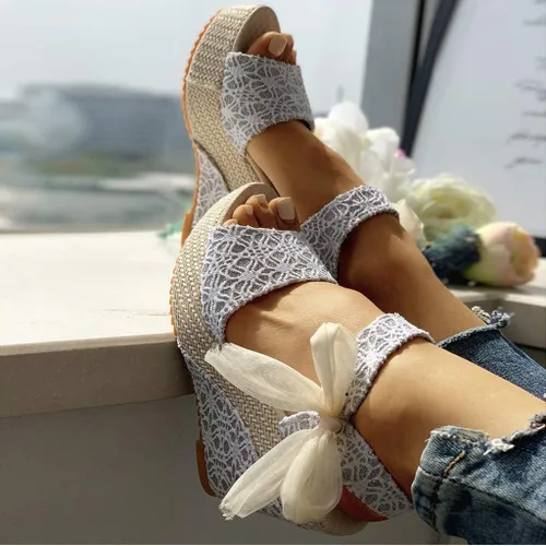 Vista 3 de HOSTINGG Sandalias de cuña para mujer, alpargatas de cuña para mujer, sandalias de plataforma con cordones y puntera abierta