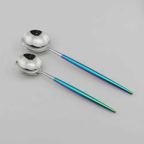 Vista 8 de Juego de cubiertos Coloful Rainbow Handle Silver de 5 piezas, espejo de acero inoxidable 18/10, servicio para 1 plateado