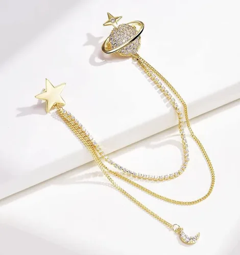 Vista 5 de Broche de estrella de planeta de moda, circonita cúbica con borla de cristal, cadena de luna creciente, clip para abrigo, traje, ramillete, broches