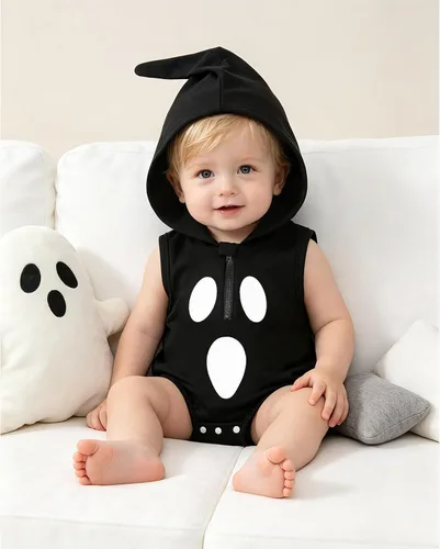 Vista 2 de Mameluco con capucha para bebé niño y niña, disfraz de calabaza Negro-b