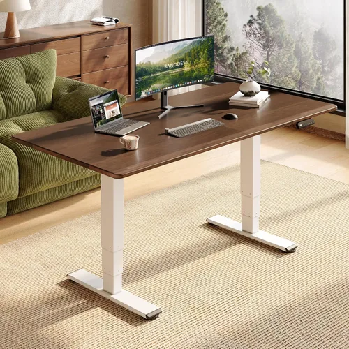 Vista 22 de SANODESK Escritorio de pie de madera maciza de caucho con motor dual 48"x24 Mesa natural + marco blanco