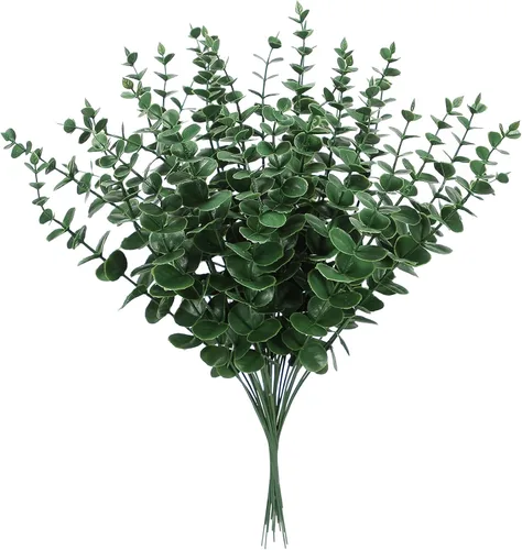 Vista 4 de 30 tallos de hojas de eucalipto artificiales, ramas de plástico falsas para decoración del hogar, ramo de boda, centros de mesa, centros de mesa