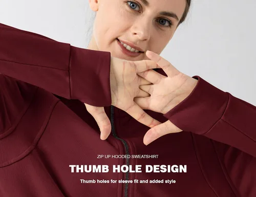 Vista 4 de Rdruko Sudadera con capucha y cremallera completa para mujer, con agujero para el pulgar, de algodón, con cremallera frontal, suave, ligera