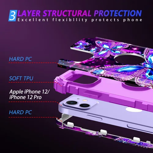 Vista 4 de Miqala Funda para iPhone 12, iPhone 12 Pro, que brilla en la oscuridad, tres capas, resistente a los golpes, protección de plástico duro + funda