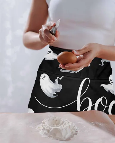 Vista 2 de Delantal de camarera de Halloween para mujeres/hombres con 3 bolsillos, diseño de fantasma blanco clásico negro, delantal impermeable para cocina