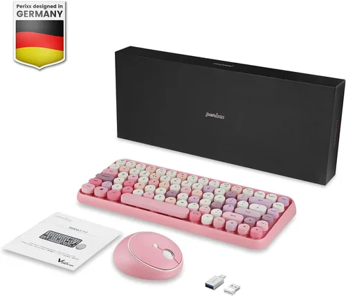 Vista 7 de Perixx PERIDUO-713 ES Conjunto de ratón y Mini Teclado inalámbrico 2.4 GHz - Teclas Retro Redondas - Rosado Pastel - QWERTY