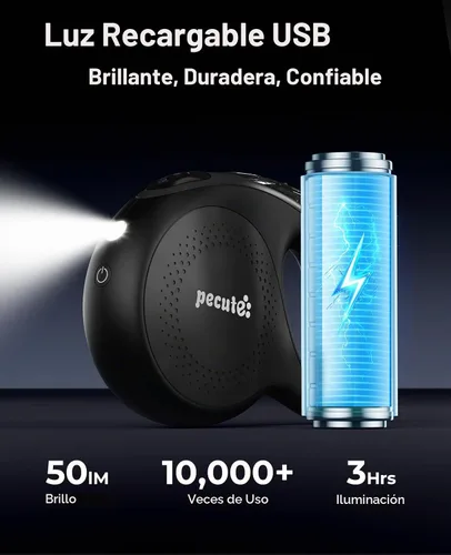 Vista 3 de Pecute Correa retráctil para perro con linterna, correa retráctil resistente de 26 pies para mascotas con luz, control de un botón, protección