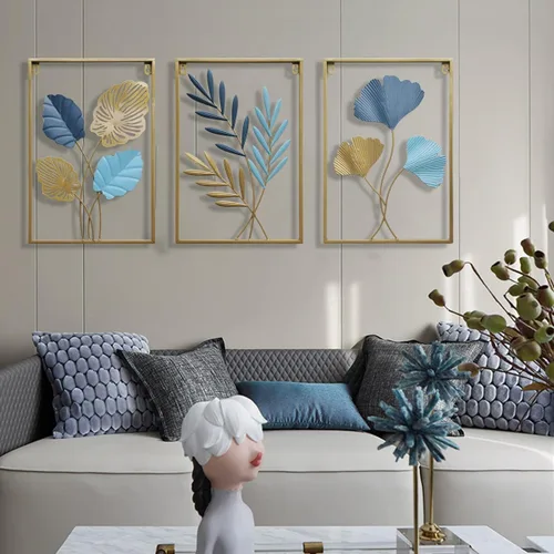 Vista 3 de MKUN Esculturas de pared de hierro – Juego grande de 3 piezas rectangulares de metal para decoración de pared con arte de ginkgo biloba, ideal