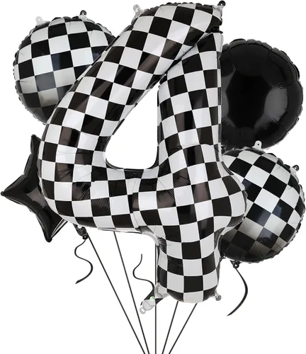 Vista 5 de Globo de números a cuadros de 40 pulgadas 0 globos de cumpleaños de coche de carreras en blanco y negro, globos de cumpleaños para bebé, hippie