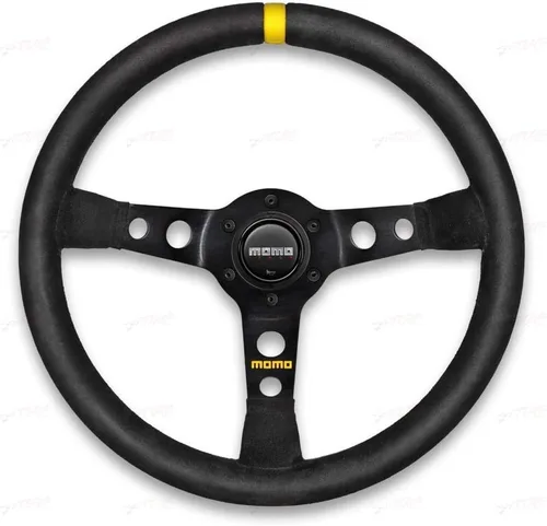 Vista 2 de MOMO Motorsport MOD.69 - Volante de carreras de gamuza – 13.780 in, plato de 1.535 in de profundidad, bocina amarilla, marco de aluminio de 3 radios