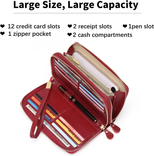 Vista 2 de SENDEFN Carteras de cuero para mujer, bloqueo RFID, doble cremallera alrededor del tarjetero de crédito, gran capacidad, 1-cera-vino tinto, Moderno