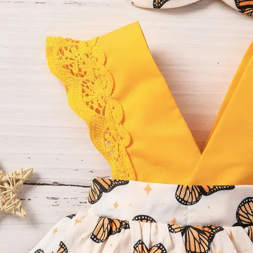 Vista 5 de Mameluco con estampado de manga mosca de encaje para niñas recién nacidas, conjunto de diadema para baile 2t (amarillo, 0-3 meses)