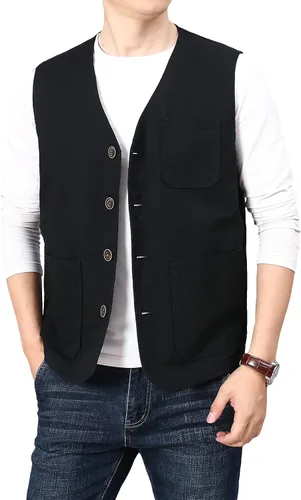 Vista 4 de PRIJOUHE Chaleco casual de algodón para hombre, ligero y transpirable, con múltiples bolsillos, para pesca, safari, viajes, al aire libre