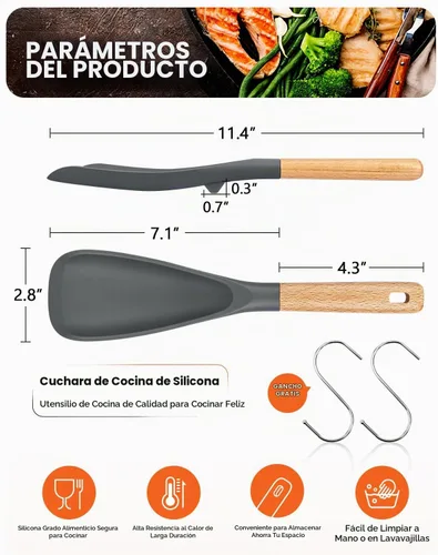 Vista 2 de Cuchara de cocina para utensilios de cocina antiadherentes, ideal para cocinar y servir silicona mate resistente sin BPA, cuchara con mango
