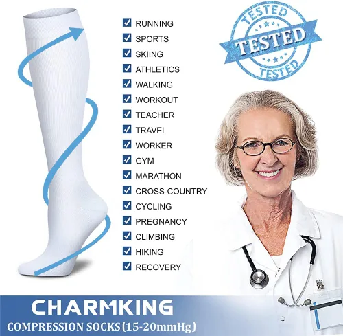 Vista 6 de CHARMKING - Calcetines de compresión para mujeres y hombres (3 pares), 15-20 mm Hg, el mejor apoyo para atletismo, running o ciclismo, mejora