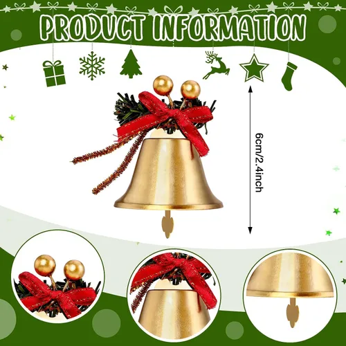 Vista 2 de Campanas Doradas de Navidad, 12 piezas Cascabeles de Metal Dorado de 2.4 pulgadas con Lazo Rojo y Adorno Colgante de Árbol de Bayas, Cascabel