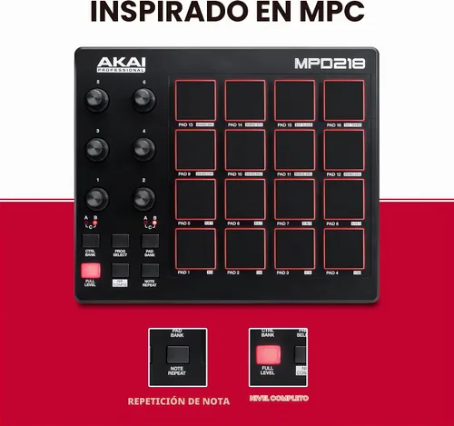 Vista 4 de AKAI Professional MPD218 - Controlador MIDI alimentado por USB con 16 almohadillas de tambor MPC, 6 perillas asignables, botones de repetición
