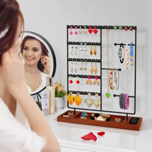 Vista 2 de Godboat Organizador de joyas, organizador de aretes con 44 agujeros, soporte de pulsera de 3 filas y organizador de collares, base de madera