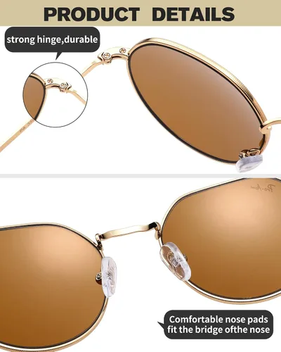 Vista 4 de Pro Acme Gafas de sol redondas de polígono, marco de metal grande, lentes de vidrio 100% real, 2.087 in