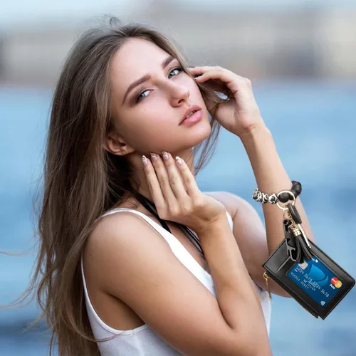 Vista 5 de Pulsera de pulsera con llavero para cartera, bolsillo para tarjetas de crédito, monedero con borla, llavero para mujer