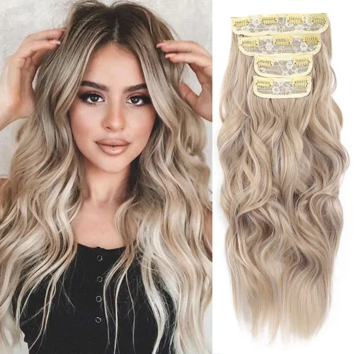 Vista 11 de Extensiones de cabello ondulado largo con clip, 4 piezas de extensiones de cabello sintético grueso con clip, para mujer (#4)
