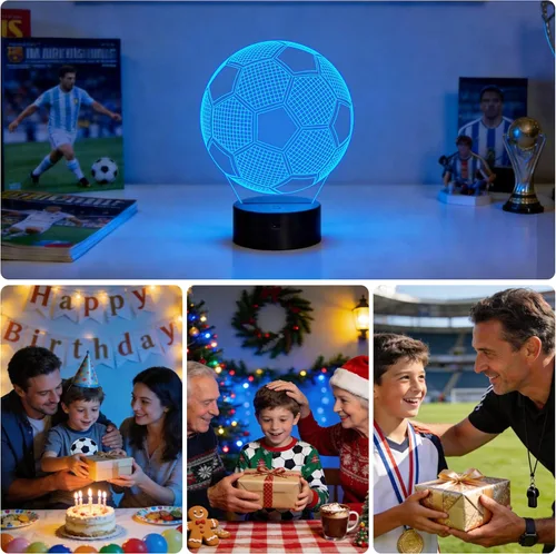 Vista 6 de FULLOSUN Luz nocturna para niños, fútbol, lámpara de ilusión óptica 3D con control remoto, 16 colores cambiantes, fútbol, cumpleaños, Navidad, día