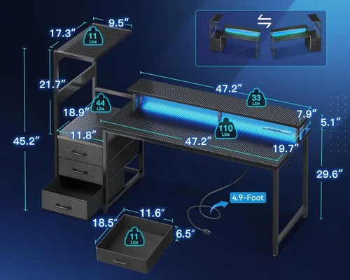 Vista 9 de Casaottima - Escritorio de juegos de 59 pulgadas con puertos de carga USB y luz LED - Escritorio reversible para computadora con 3 cajones de tela