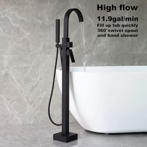 Vista 3 de Grifos de bañera independientes Llenadores de bañera negros Montaje en el piso Llenador de grifo para bañeras Bañeras LLGG Alto Flujo 11.9GPM Baño