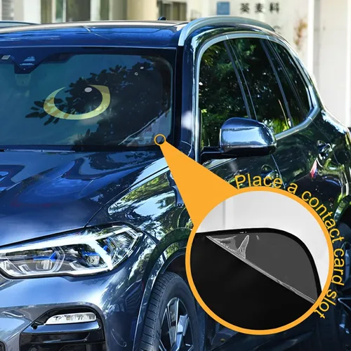 Vista 3 de Qilmy Parasol plegable para parabrisas de automóvil, diseño de ojo de gato negro, protector solar UV, 55 x 27.6 pulgadas