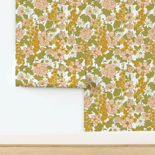 Vista 4 de Papel tapiz autoadhesivo para despegar y pegar, papel tapiz vintage de los años 70 con diseño floral retro bohemio, rosa y verde, papel tapiz