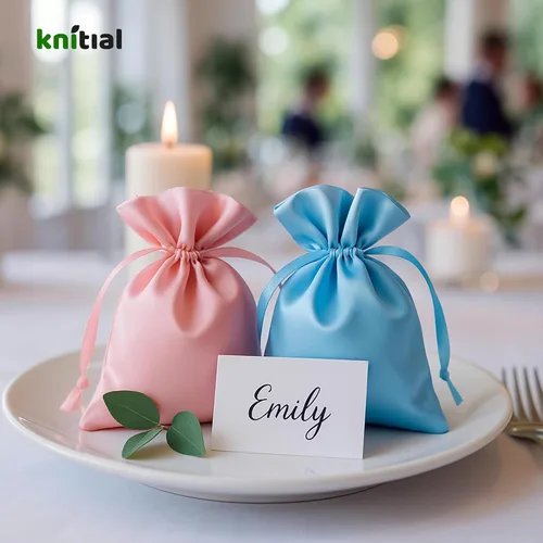 Vista 3 de Bolsas de regalo de satén azul bebé de 4 x 6 pulgadas, bolsas de joyería, bolsas de cordón para recuerdos de boda, baby shower, Navidad, 50 por