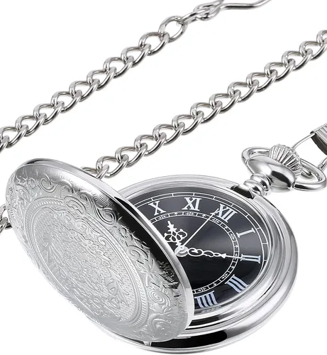 Vista 8 de Reloj de bolsillo de cuarzo para hombre con esfera negra y cadena